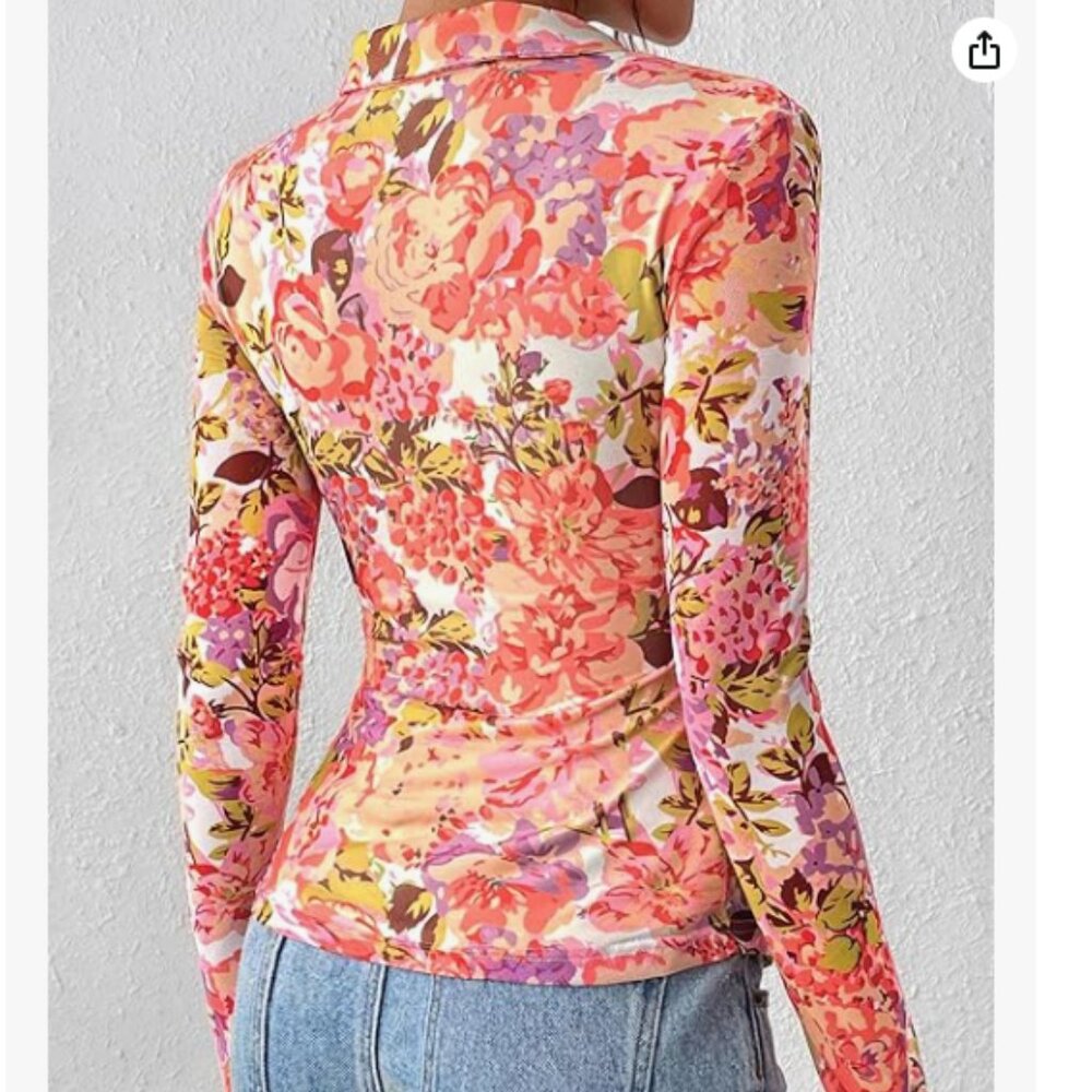 PrettyGarden:  Button-down Blouse, Size L, Coral/Lilac/Yellow Floral - Picture 2 of 8